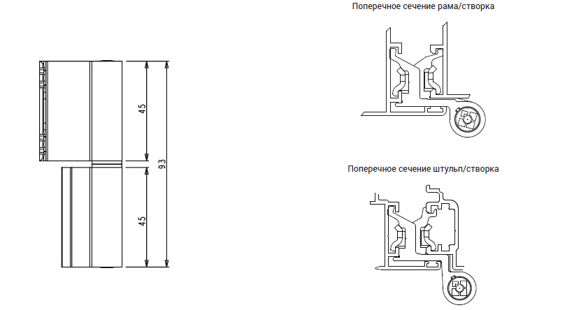 Двух секционная петля, для поворотных окон и дверей из алюминия, с центральной системой уплотнения
